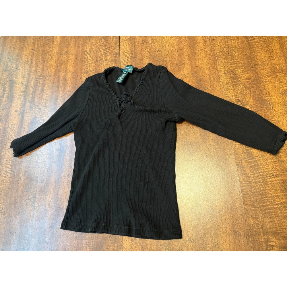 Lauren Ralph Lauren Womens Petite P/P Black Ribbed Cotton Long Sleeve Ruffle Top